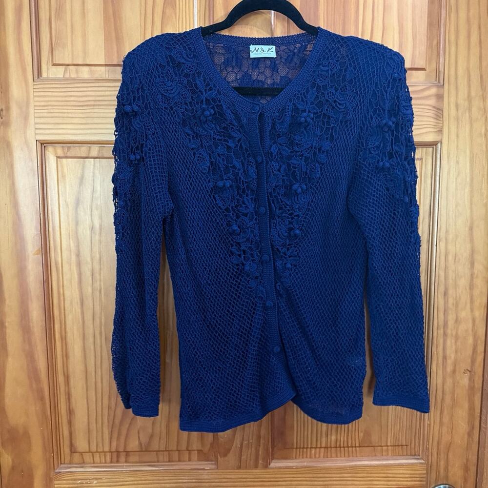 Women's Vintage Blue Crochet Button-Up Cardigan Sweater NO TAG